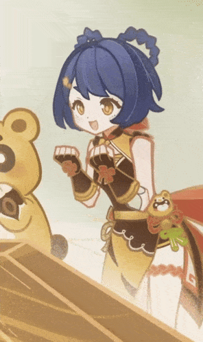a drawing of a girl with blue hair and a teddy bear