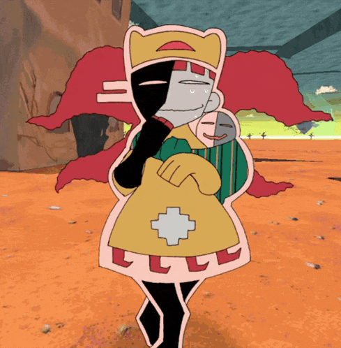 a cartoon drawing of a woman holding a baby with the letter l on her sleeve