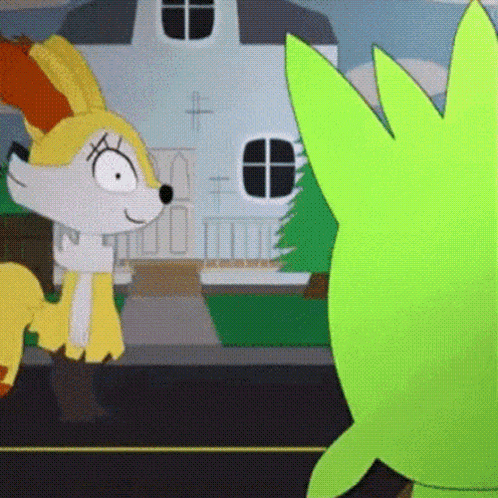 a cartoon of a fox and a green leaf standing next to each other