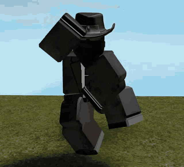 a black robot wearing a cowboy hat is walking across a field