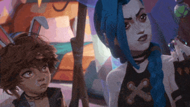 a girl with bunny ears is standing next to a girl with a cross on her chest
