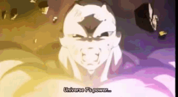 a close up of a man 's face with the words universe 7 's power written on it .