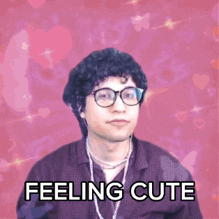 a man wearing glasses and a necklace says feeling cute on a pink background
