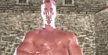 a naked man stands in front of a brick wall