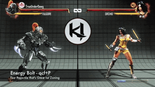 a video game screen shows two characters fighting each other and says energy bolt