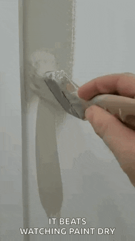 a person is holding a brush and painting a wall .