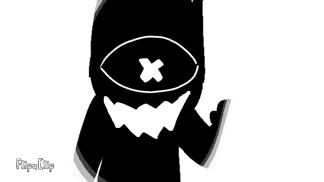a black and white drawing of a cartoon character with a cross on his eye .