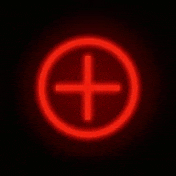a red plus sign in a circle on a black background