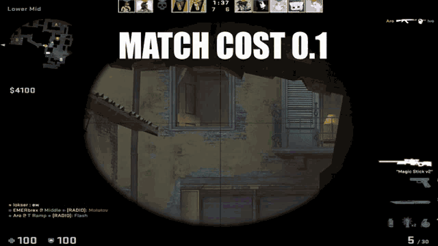 a screen shot of a video game with the words match cost 0.1 on it
