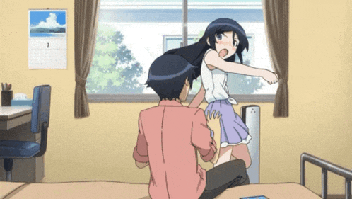 a man and a girl are sitting on a bed with a calendar on the wall that says 7