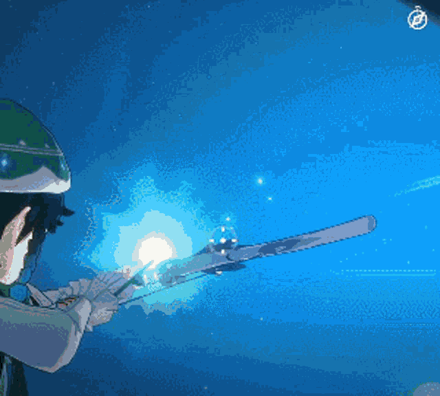 a cartoon character is holding a sword in front of a blue sky