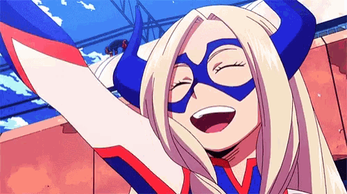 a girl in a superhero costume is smiling with her arms outstretched and wearing horns .