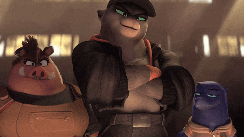 three cartoon characters standing next to each other with one wearing a hat