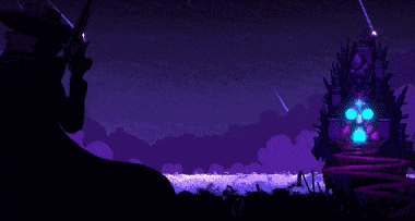 a pixel art of a man holding a gun in front of a purple sky with shooting stars