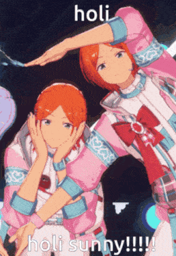 a couple of anime characters are posing for a picture with the caption holi sunny !!!