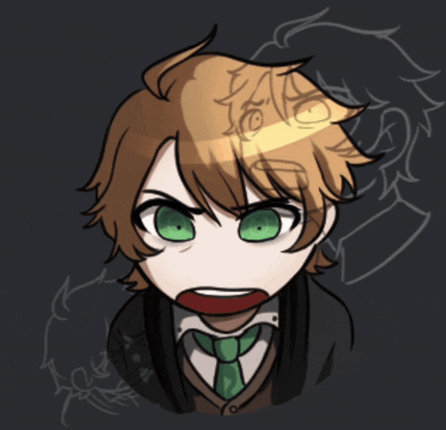 a cartoon drawing of a boy with green eyes and brown hair