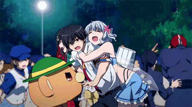 a group of anime characters are being held by a mascot that says tsl