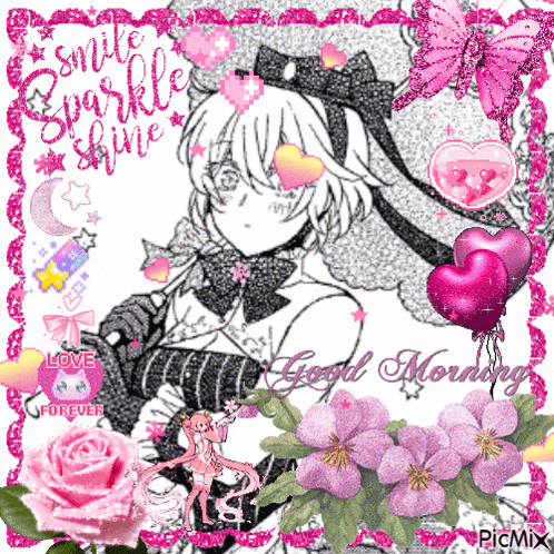 a picture of a girl surrounded by pink flowers and hearts with the words good morning
