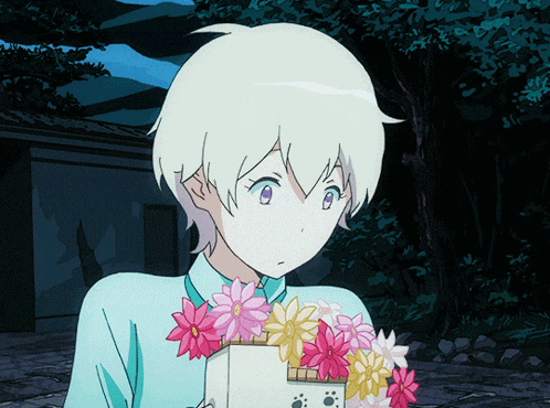 a girl with white hair is holding flowers in front of her face