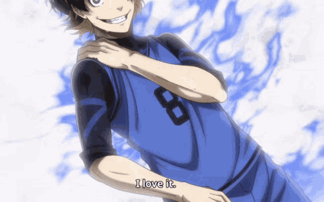 a boy with the number 8 on his shirt is smiling and says i love it