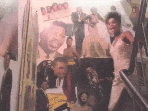 a woman in a white dress is standing in front of a collage of images