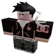 a roblox character is wearing a black jacket with a dc logo on it and a white shirt .