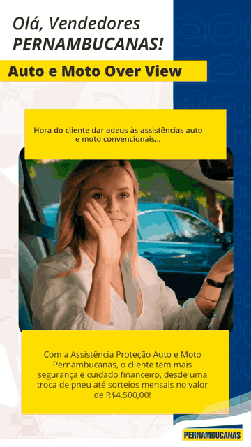 a woman sitting in a car with the words auto e moto over view