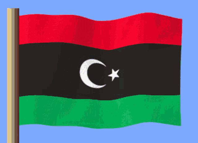 a red black and green flag with a white star and crescent moon