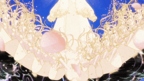 a woman in a white dress is surrounded by pink flowers and ribbons