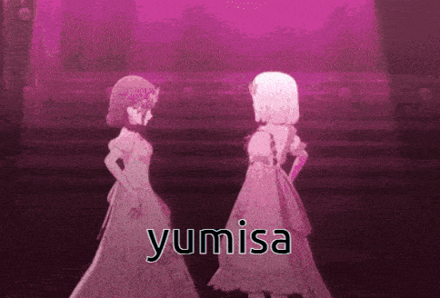 two anime girls are standing next to each other and the word yumisa is on the bottom right