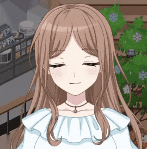 a girl with long brown hair is wearing a white shirt and a necklace .