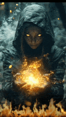 a woman in a hood is holding a glowing ball in her hands .