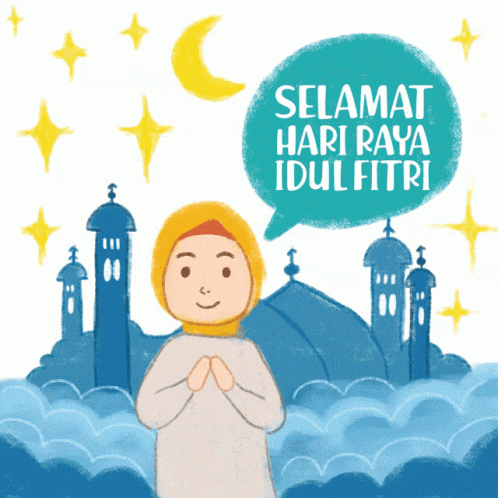 a cartoon illustration of a woman praying with a speech bubble that says selamat hari raya idul fitri