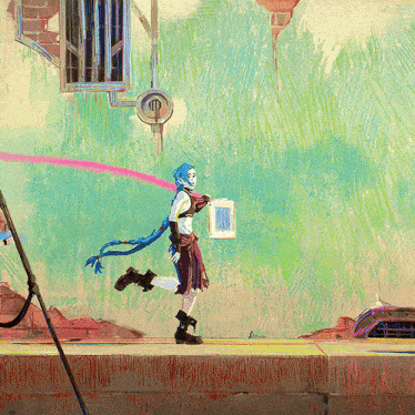 a painting of a girl with blue hair and a long blue tail