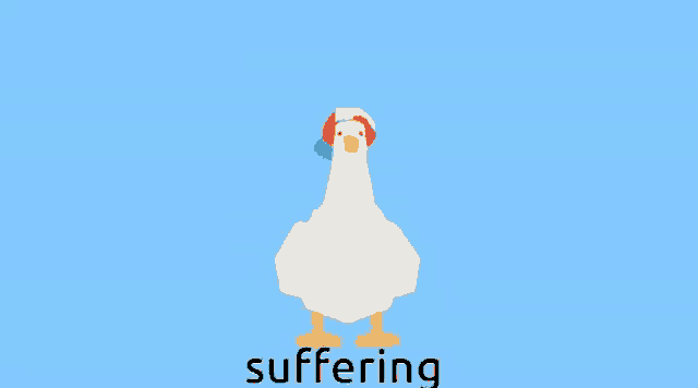 a white duck wearing a red and blue hat with suffering written below it