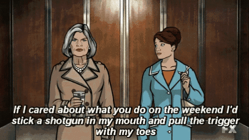 two women are in an elevator and one of them is holding a shotgun