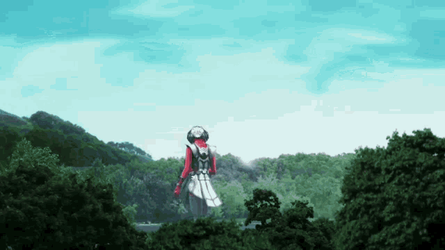 a person in a red and white costume is standing in a forest