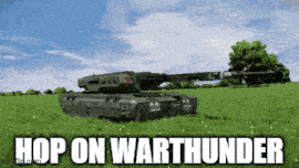 a green tank is in a grassy field with the words hop on warthunder below it