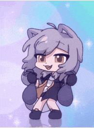 a cartoon of a girl with a cat ear and a bag on her back .