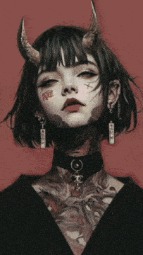 a woman with horns has a tattoo on her face that says " x "