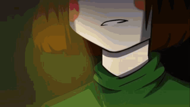 a close up of a cartoon character 's face with a green sweater .