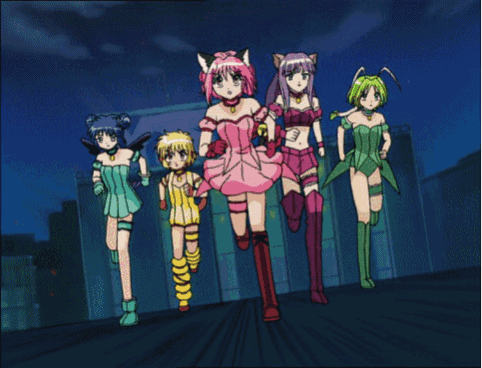 a group of anime girls are running together in a dark room
