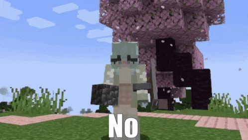a girl in a minecraft video game is standing in front of a cherry blossom tree and says no