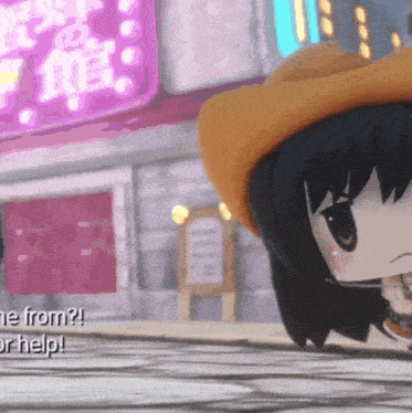 a cartoon character is standing in front of a sign that says ' from ? '