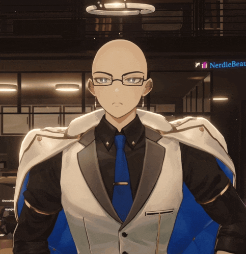 a bald man in a suit and tie stands in front of a sign that says nerdie beau