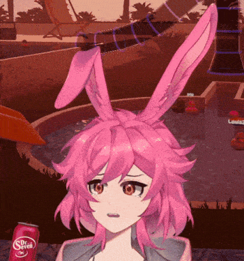 a girl with pink hair and bunny ears is standing next to a dr. seven can