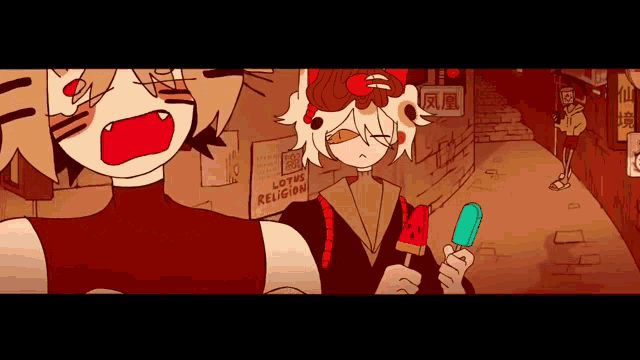 a cartoon character holding a watermelon popsicle in front of a sign that says " lotus religion "