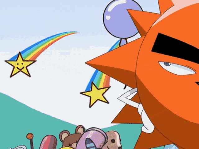 a cartoon drawing of a sun with balloons and a rainbow in the background