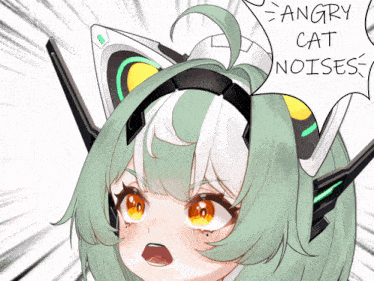 a drawing of a girl with a cat ear and the words angry cat noises
