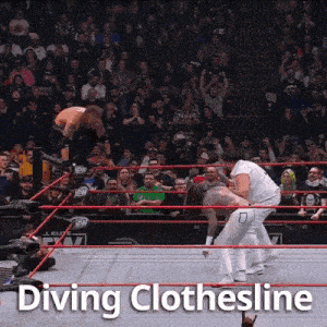 a wrestling match with the words diving clothesline written on the bottom